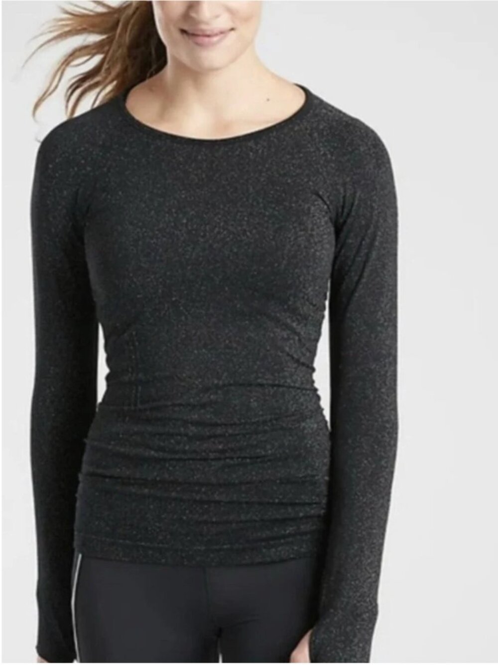 Athleta Speedlight Glow Sparkle Black Metallic Long Sleeve Top